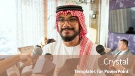  Presentation with microphones - Amazing presentation theme having happy-young-arab-male-delegate backdrop and a coral colored foreground