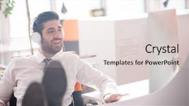  Presentation with music business - Audience pleasing presentation design consisting of happy young arabian business man with beard listening music on headphones at modern startup office backdrop and a lemonade colored foreground