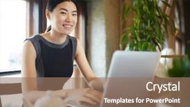  Presentation with asian - Presentation design with happy young asian businesswoman looking background and a coral colored foreground