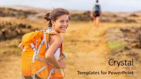  Presentation with mountain hiking - Slide set consisting of happy young asian hiker girl background and a yellow colored foreground