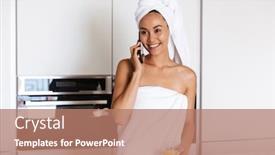  Presentation with kitchen towel - Cool new PPT theme with happy young asian woman wrapped in a shower towel talking on mobile phone while standing at the kitchen holding glass of juice backdrop and a coral colored foreground