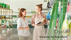  Presentation with apron gardening - Cool new PPT theme with happy-young-assistant-of-gardening backdrop and a mint green colored foreground