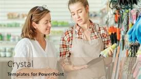  Presentation with apron gardening - PPT layouts having happy-young-assistant-of-gardening background and a coral colored foreground