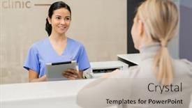  Presentation with tablet - Slide deck consisting of happy-young-assistant-with-tablet background and a light gray colored foreground