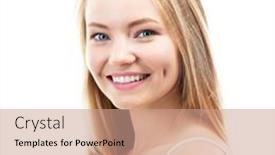  Presentation with teeth whitening - Cool new presentation design with happy-young-attractive-blond-woman backdrop and a coral colored foreground