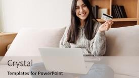  Presentation with online shopping - Beautiful presentation featuring happy-young-attractive-woman-shopping backdrop and a soft green colored foreground