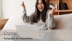  Presentation with online shopping - Presentation theme with happy-young-attractive-woman-shopping background and a light gray colored foreground