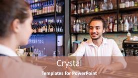  Presentation with smoothie - Amazing PPT theme having happy-young-barman-holding-glass backdrop and a coral colored foreground