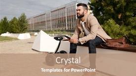  Presentation with gadget - Colorful presentation theme enhanced with happy-young-bearded-businessman backdrop and a coral colored foreground