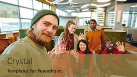  Presentation with intercultural - Theme enhanced with happy-young-bearded-businessman background and a coral colored foreground