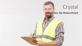  Presentation with pen - Presentation design consisting of happy-young-bearded-engineer background and a light gray colored foreground