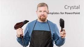  Presentation with apron - Cool new PPT theme with happy-young-bearded-hairdresser backdrop and a white colored foreground