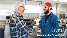  Presentation with maintenance - Audience pleasing presentation consisting of happy young bearded repairman of maintenance service greeting mature client by handshake in workshop backdrop and a ocean colored foreground