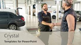  Presentation with service technician - Presentation theme featuring happy-young-bearded-technician background and a light gray colored foreground