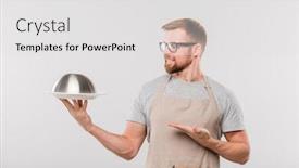  Presentation with isolation - Slide deck having happy-young-bearded-waiter background and a white colored foreground