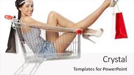  Presentation with bag - Slide deck enhanced with happy young beautiful brunette woman sits in an empty shopping cart with a red bag isolated on white background background and a white colored foreground