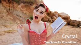  Presentation with heart book - Audience pleasing PPT theme consisting of happy young beautiful pin up girl holding heart shaped candy and book backdrop and a coral colored foreground