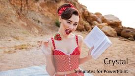  Presentation with heart book - Cool new presentation theme with happy young beautiful pin up girl holding heart shaped candy and book backdrop and a coral colored foreground
