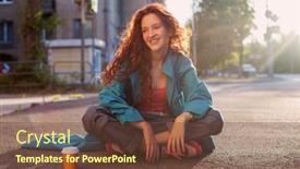  Presentation with beautiful young girl red - PPT theme having happy-young-beautiful-woman-sitting background and a tawny brown colored foreground