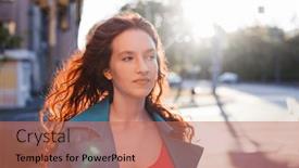  Presentation with beautiful young girl red - Slides with happy-young-beautiful-woman-walking background and a coral colored foreground