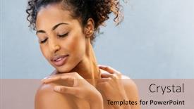  Presentation with african beauty - Slide set featuring happy young beauty woman with closed eyes feeling her soft skin after spa treatment portrait of african smiling woman touching her perfect smooth skin isolated on gray background background and a coral colored foreground