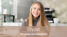  Presentation with smart - Cool new PPT theme with happy young blond busineswoman in smart casualwear sitting by table in modern cafe in front of camera backdrop and a coral colored foreground