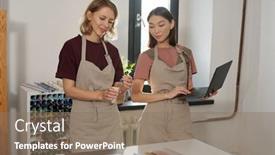  Presentation with female - Slide deck featuring happy-young-blond-female-putting background and a coral colored foreground