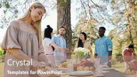  Presentation with wooden board empty table top - Colorful presentation design enhanced with happy-young-blond-woman-cutting backdrop and a coral colored foreground