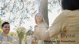 Presentation with plastic container - Colorful slide set enhanced with happy-young-blond-woman-taking backdrop and a coral colored foreground