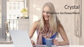  Presentation with home based business - Colorful presentation design enhanced with happy young blonde casual caucasian backdrop and a  colored foreground