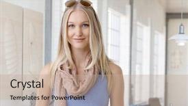  Presentation with portrait happy family smiling - Slide deck featuring happy young blonde nordic woman background and a coral colored foreground