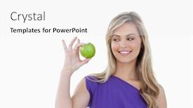  Presentation with green apple - Beautiful presentation featuring happy young blonde woman looking at a green apple against a white background backdrop and a white colored foreground