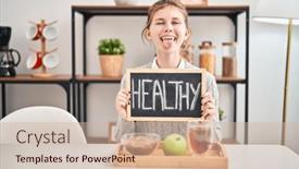  Presentation with healthy breakfast - PPT theme featuring happy-young-blonde-woman-sticking background and a soft green colored foreground