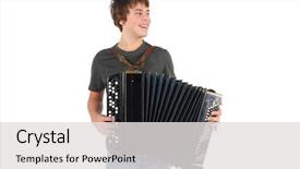  Presentation with accordion - Slide deck consisting of happy young boy plays accordion background and a light gray colored foreground