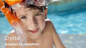  Presentation with pool side - Beautiful PPT layouts featuring happy young boy relaxing on the side of a swimming pool wearing orange goggles and snorkel backdrop and a coral colored foreground