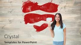  Presentation with bleached - Beautiful presentation featuring happy young brunette holding paintbrush against bleached wooden planks background backdrop and a soft green colored foreground