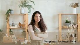  Presentation with natural ingredients - Beautiful slide set featuring happy-young-brunette-woman-crossing backdrop and a coral colored foreground