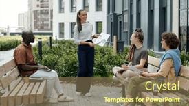  Presentation with data meeting - PPT layouts enhanced with happy-young-brunette-woman-pointing background and a violet colored foreground