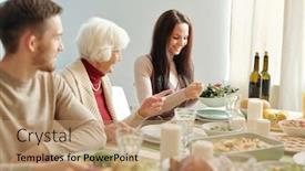  Presentation with grandma - Cool new PPT layouts with happy-young-brunette-woman-putting backdrop and a coral colored foreground