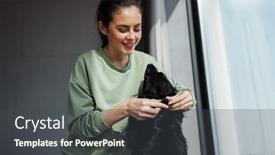  Presentation with dog - Slides enhanced with happy-young-brunette-woman-putting background and a dark gray colored foreground