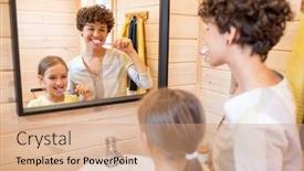  Presentation with hygiene - PPT layouts having happy-young-brunette-woman background and a coral colored foreground