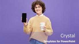  Presentation with cup coffee - Slide deck featuring happy-young-brunette-woman background and a  colored foreground