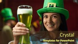  Presentation with green glass - PPT layouts consisting of happy-young-brunette-woman background and a tawny brown colored foreground