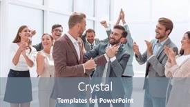  Presentation with congratulations - Slide deck with happy-young-business-man-accepting background and a seafoam green colored foreground