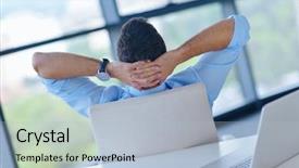  Presentation with work - Theme enhanced with happy young business man work background and a  colored foreground