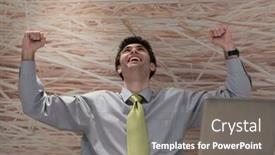  Presentation with business office desk - Amazing slides having happy young business man working on laptop computer at his desk in modern startup office interior backdrop and a gray colored foreground