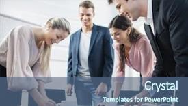  Presentation with conference table - Cool new slide deck with happy young business people brainstorming at conference table backdrop and a ocean colored foreground