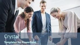  Presentation with conference table - Slide deck enhanced with happy young business people brainstorming background and a ocean colored foreground