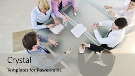  Presentation with new business ideas - PPT theme enhanced with happy young business people group background and a light gray colored foreground