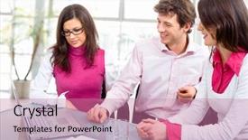  Presentation with young people diversity - Amazing presentation theme having happy young business people having backdrop and a coral colored foreground